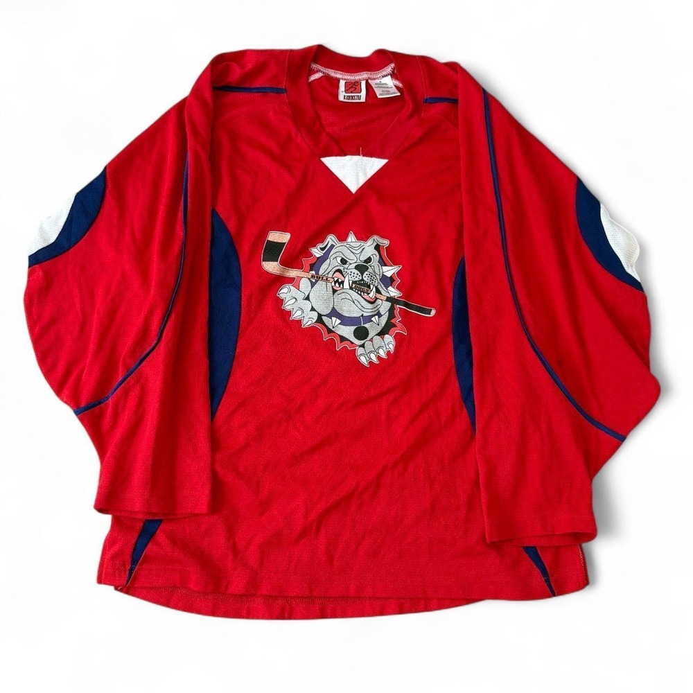 Vintage Kamazu Bulldogs Red Hockey Jersey No. 9 Medium Mens Long Sleeve V-Neck